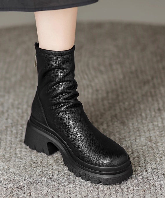 White Cowhide Leather Splicing Chunky Boots
