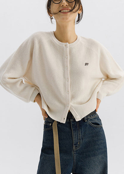 White Cozy Button Woolen Knit Cardigan Long Sleeve
