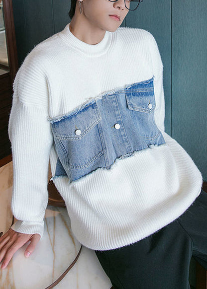 White Denim Original Design Patchwork Knit Sweaters O Neck