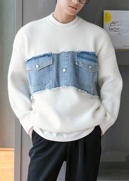 White Denim Original Design Patchwork Knit Sweaters O Neck