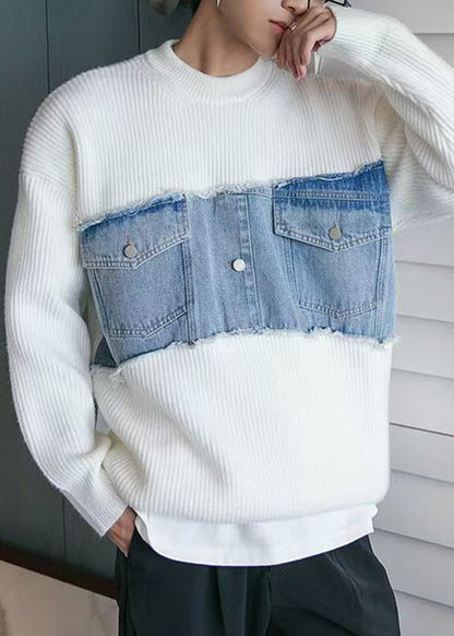 White Denim Original Design Patchwork Knit Sweaters O Neck