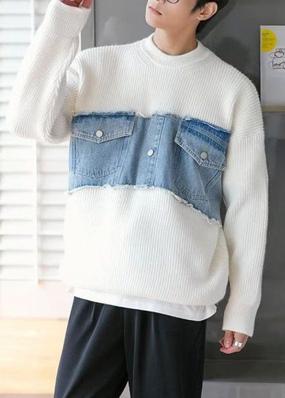 White Denim Original Design Patchwork Knit Sweaters O Neck