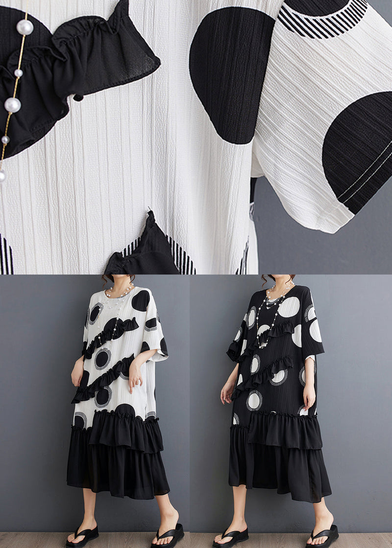 White Dot Print Patchwork Loose Chiffon Dress Ruffled Summer