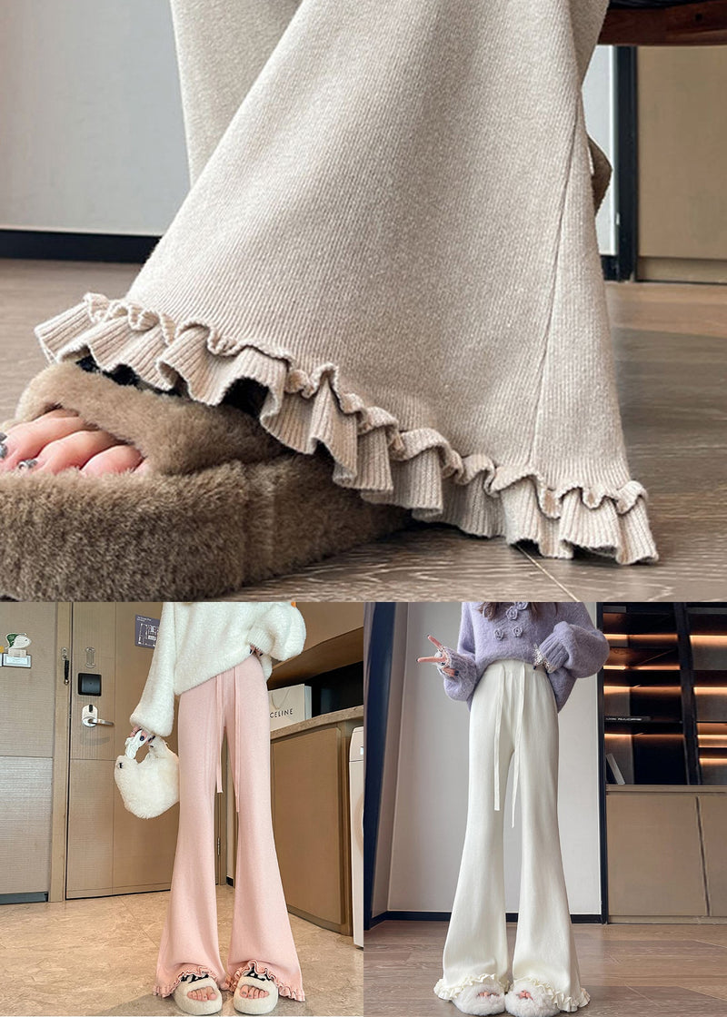 White Elastic Waist Knit Flared Trousers Ruffled
