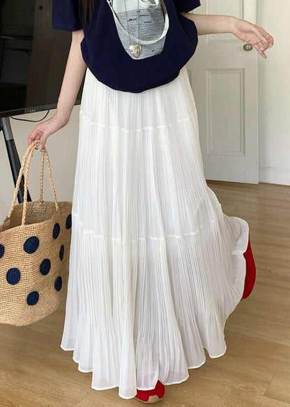White Elastic Waist Chiffon Maxi Skirts Wrinkled