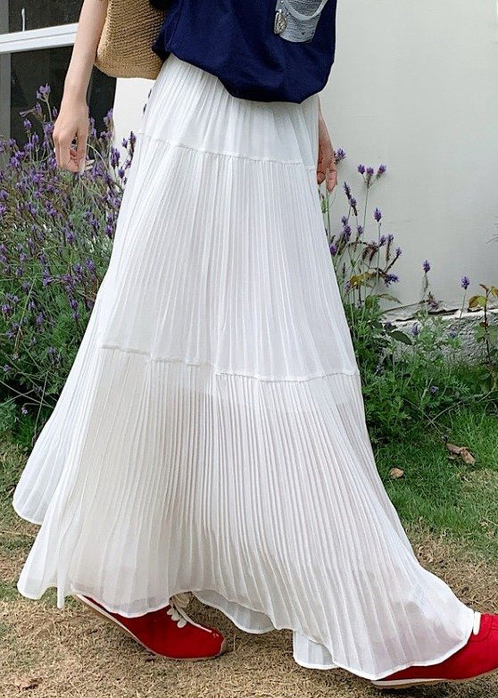 White Elastic Waist Chiffon Maxi Skirts Wrinkled