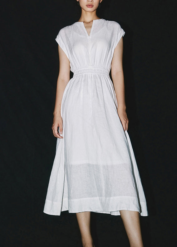White Elastic Waist Linen Maxi Dress Short Sleeve