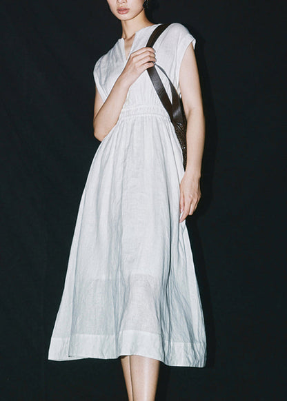 White Elastic Waist Linen Maxi Dress Short Sleeve