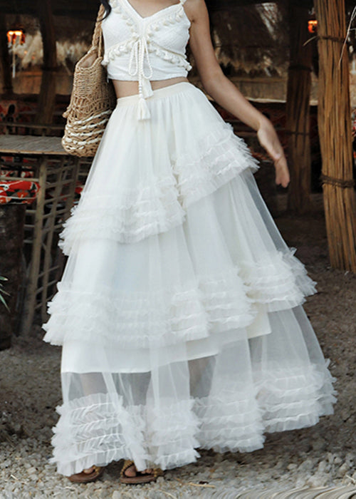 White Elastic Waist Tulle Summer Maxi Skirts Ruffled