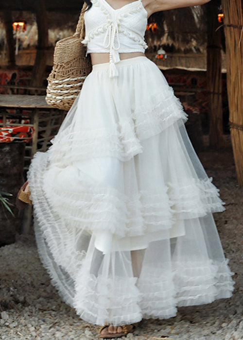 White Elastic Waist Tulle Summer Maxi Skirts Ruffled