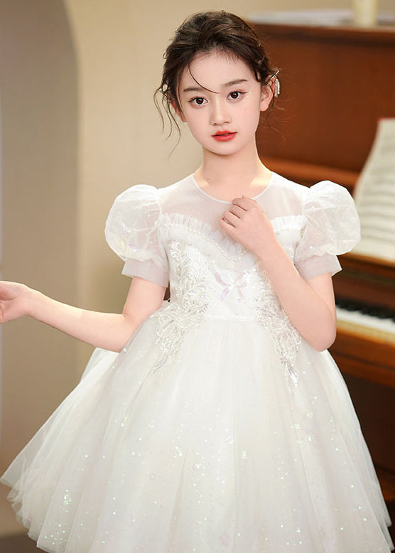 White Embroideried Tulle Baby Party Dress Puff Sleeve Summer