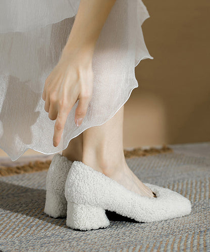 White Faux Fur Splicing Chunky High Heels Fuzzy Wool Lined