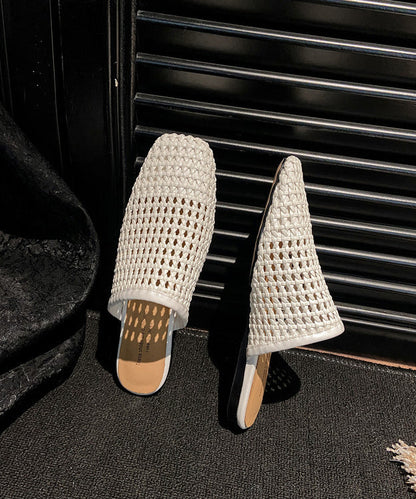 White Faux Leather Boutique Hollow Out Weave Slide Sandals