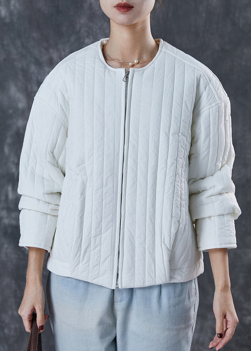 White Fine Cotton Filled Jacket O-neck Zip Up Spring