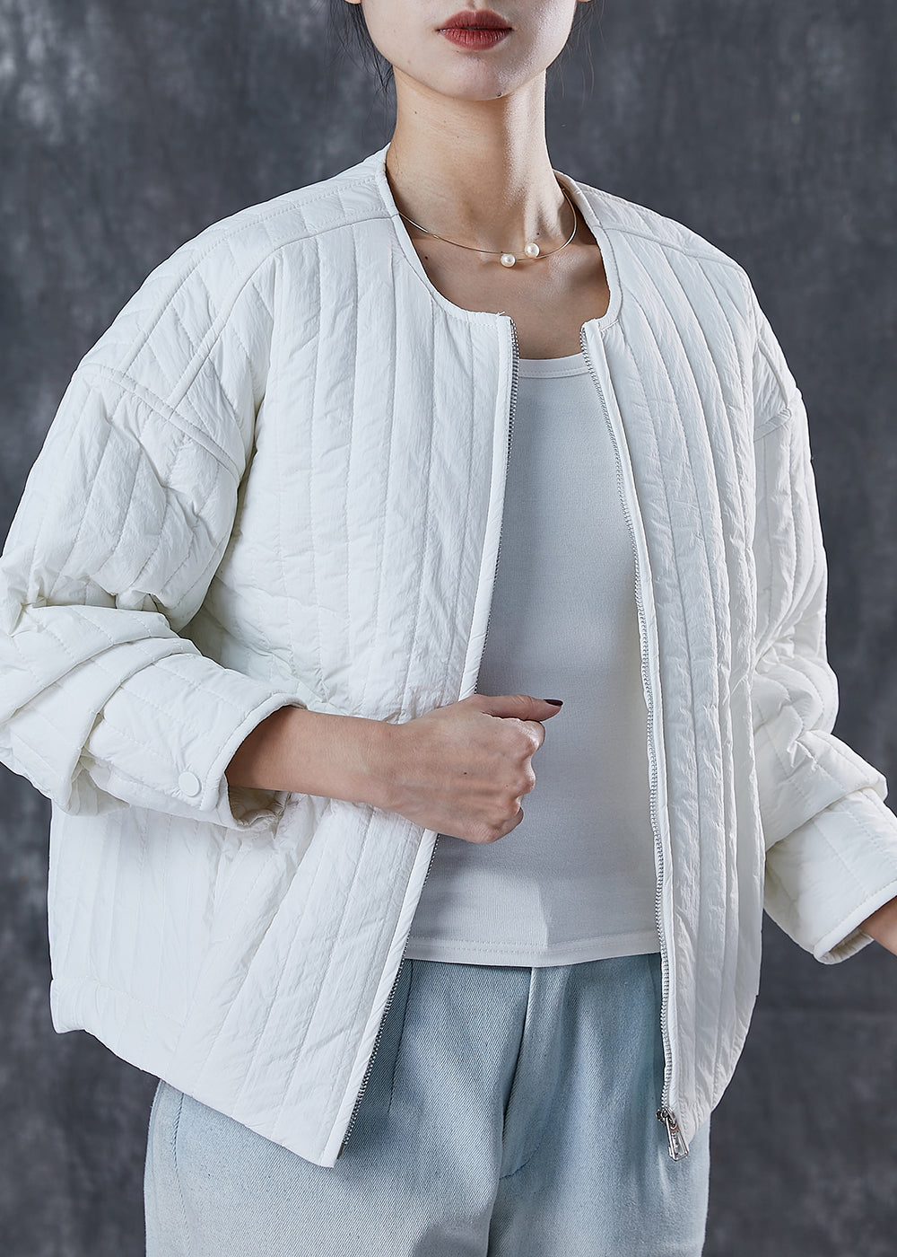 White Fine Cotton Filled Jacket O-neck Zip Up Spring
