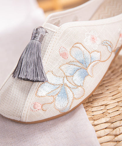 White Flat Slide Sandals Linen Fabric Embroidery Tassel