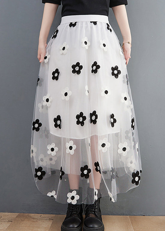 White Embroideried Tulle Skirts High Waist Spring