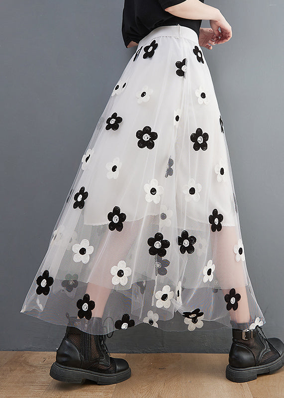White Embroideried Tulle Skirts High Waist Spring