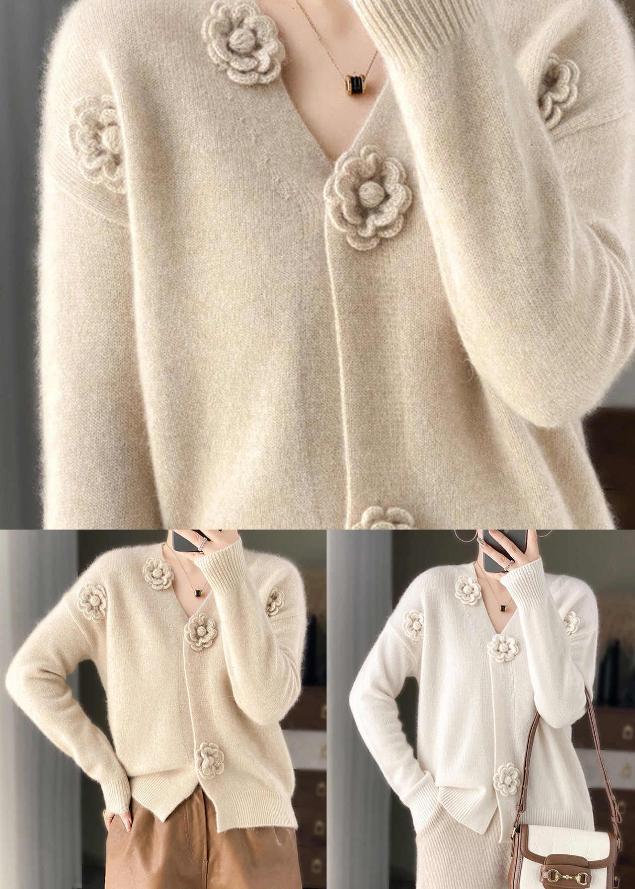 White Embroidery Short Cashmere Knit Cardigan V Neck Spring
