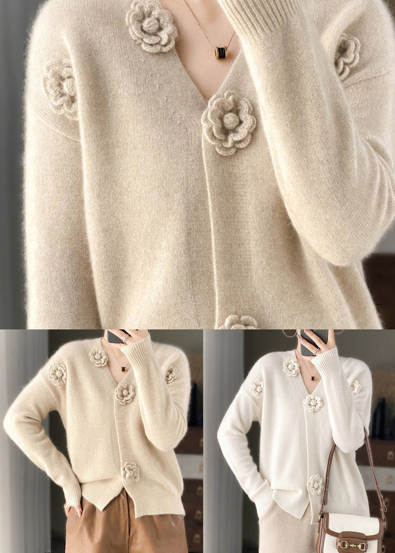 White Embroidery Short Cashmere Knit Cardigan V Neck Spring