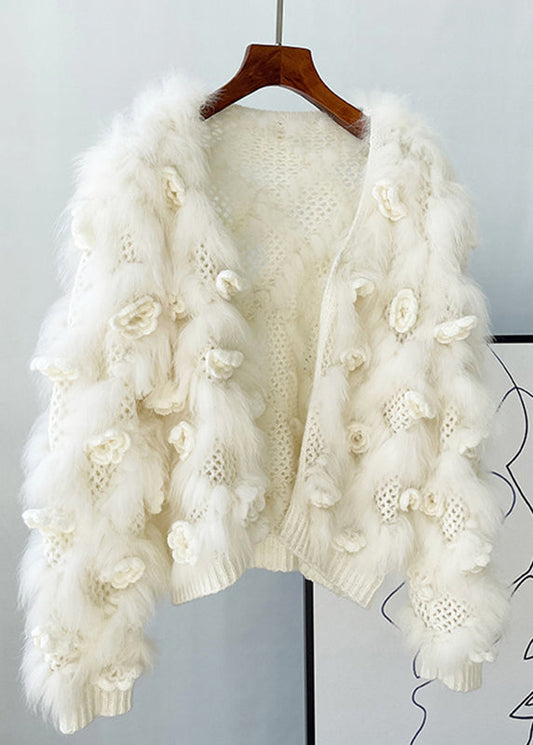 White Hollow Out Mink Hair Knitted Coat Winter