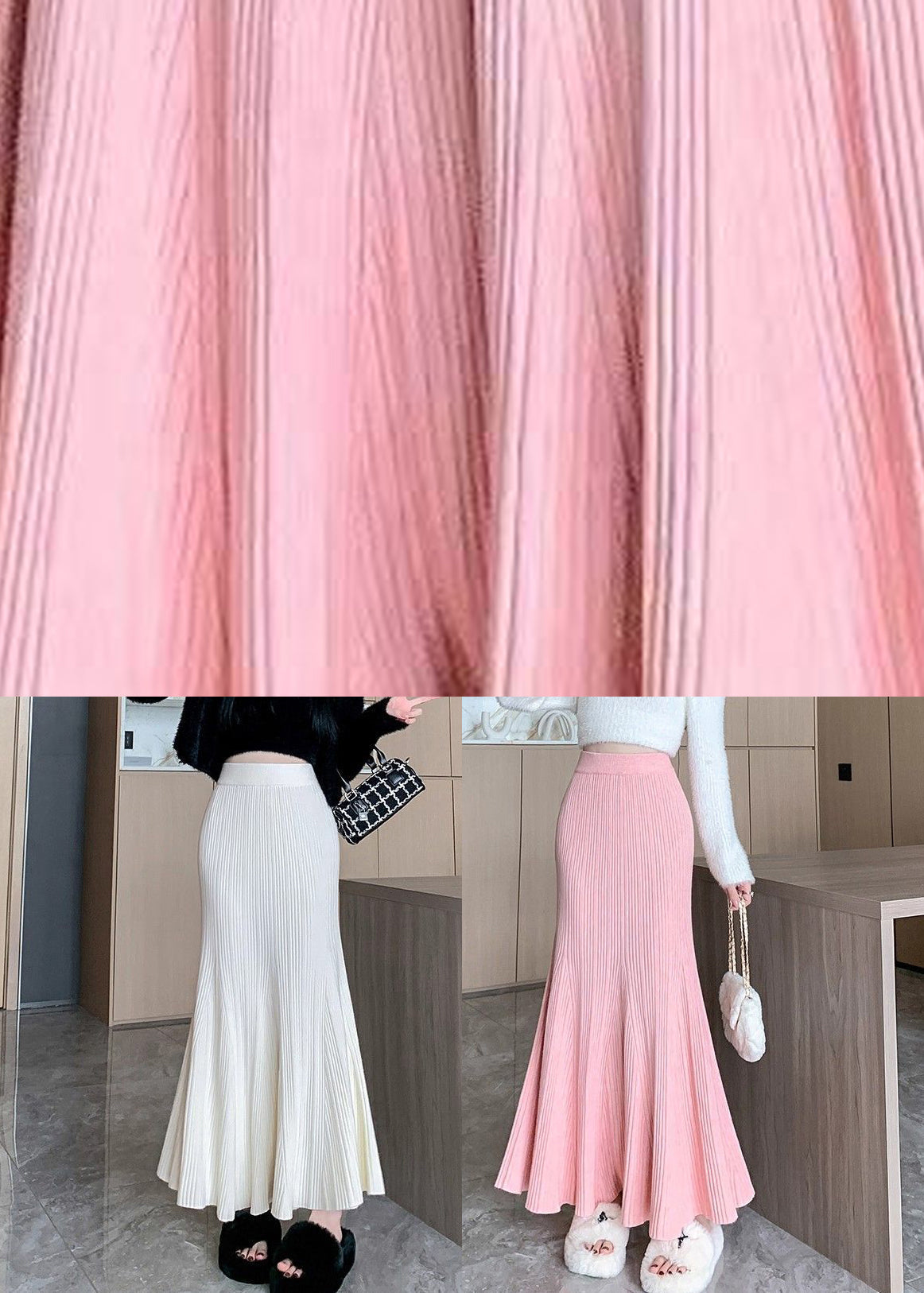 White High Waist Patchwork Knit Maxi Skirt