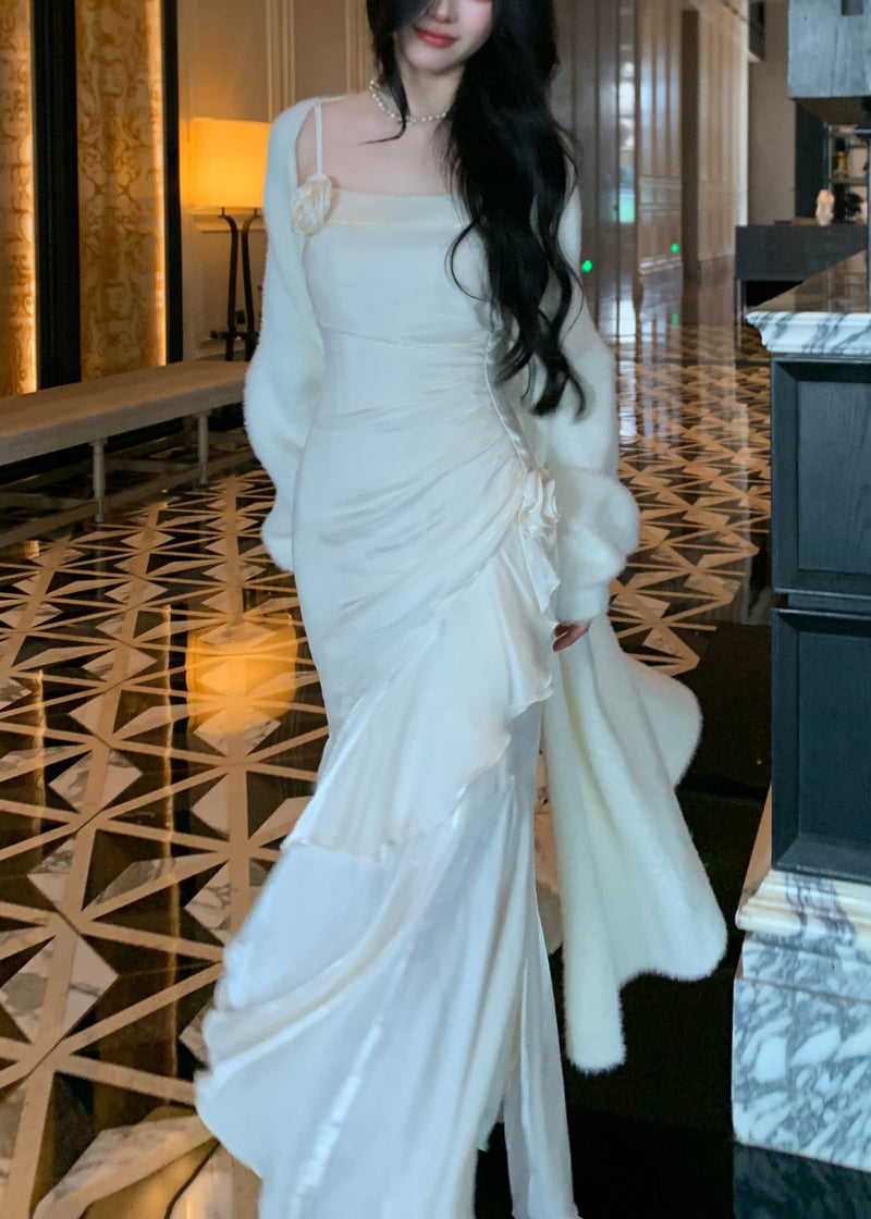 White High Waist Silk Party Dress Ruffled Summer