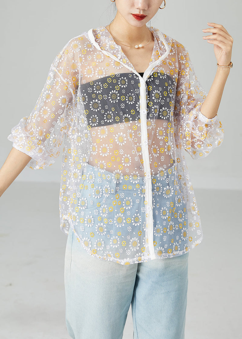 White Hollow Out Tulle Upf 50+ Coat Jacket Hooded Print Summer