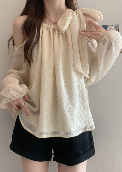 White Jacquard Chiffon Shirt Tops Cold Shoulder Fall