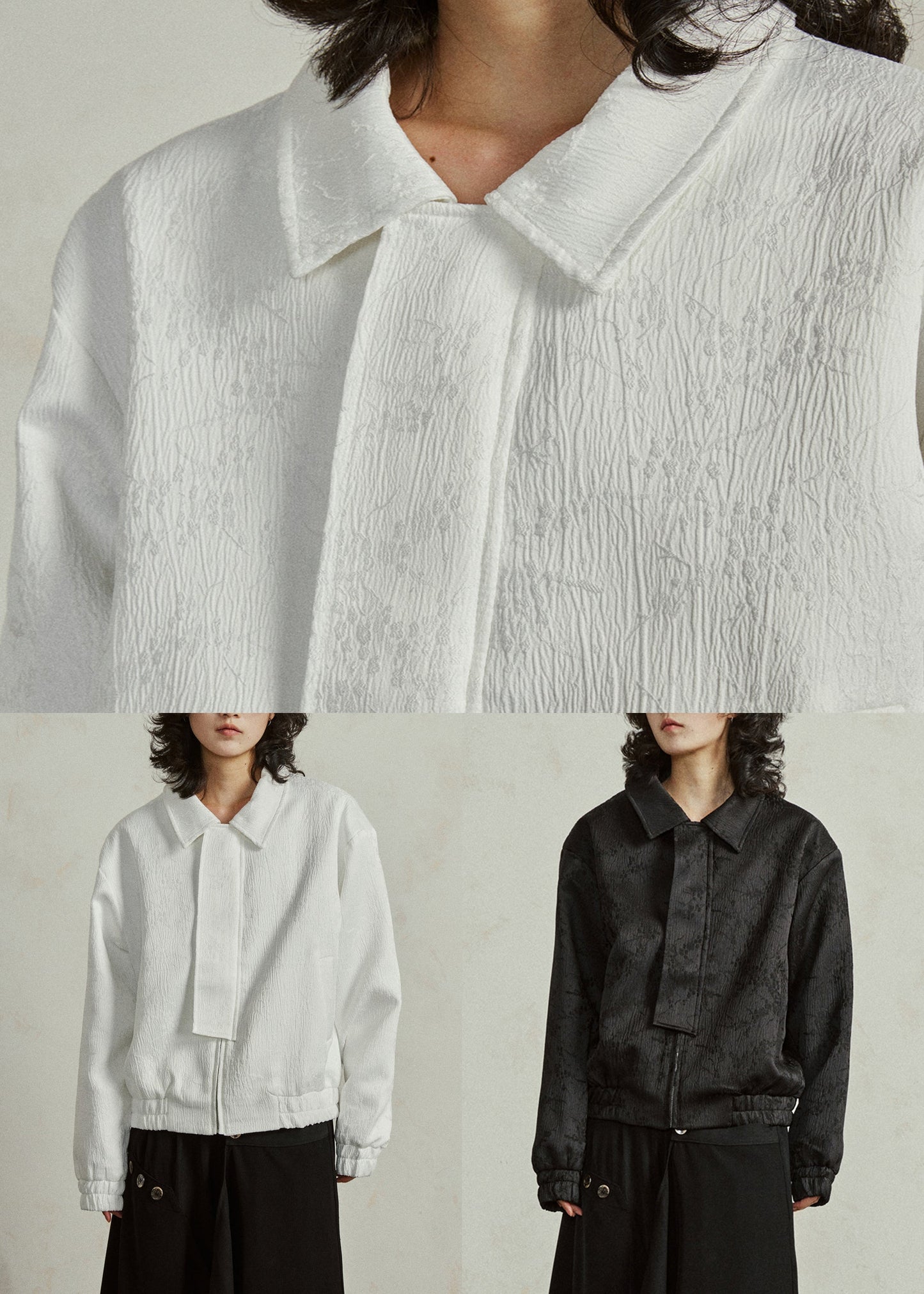 White Jacquard Pockets Silk Fall Coat Peter Pan Collar