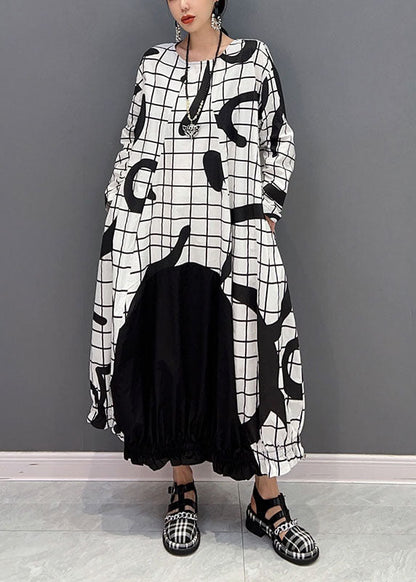 White Letter Print Cotton Ankle Dress O-neck Wrinkled Spring
