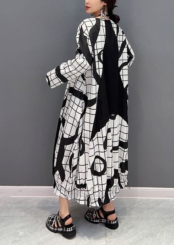 White Letter Print Cotton Ankle Dress O-neck Wrinkled Spring