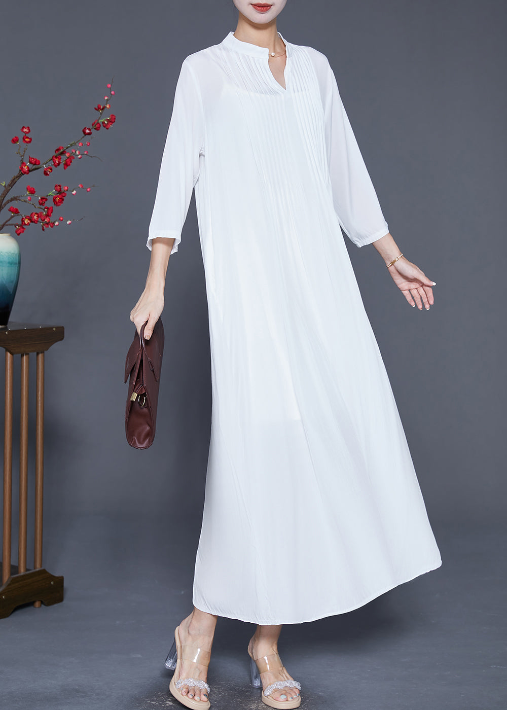 White Linen a Line Dresses Oversized Wrinkled Bracelet Sleeve
