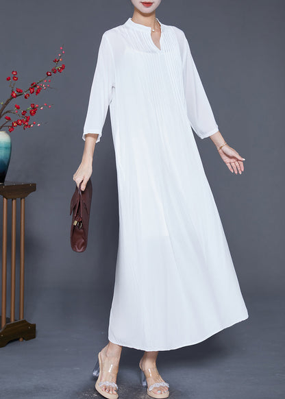 White Linen a Line Dresses Oversized Wrinkled Bracelet Sleeve