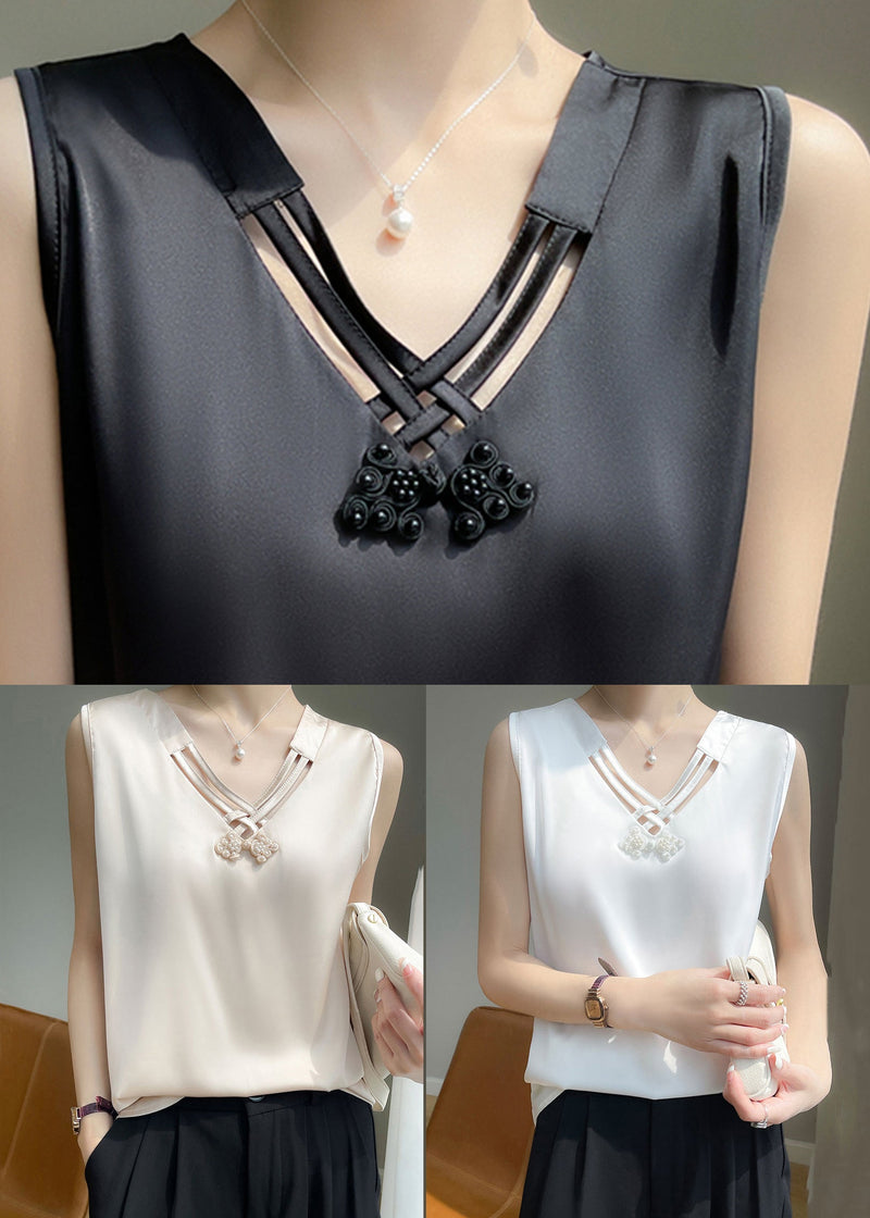 White Nail Bead Silk Tank V Neck Sleeveless