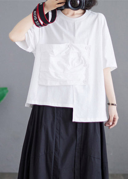 White O-neck Asymmetrical Cotton Top Short Sleeve
