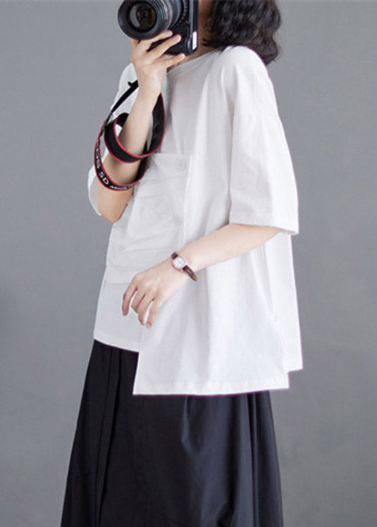 White O-neck Asymmetrical Cotton Top Short Sleeve