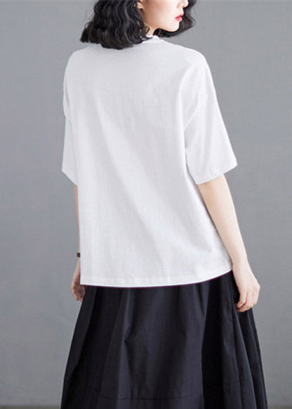 White O-neck Asymmetrical Cotton Top Short Sleeve