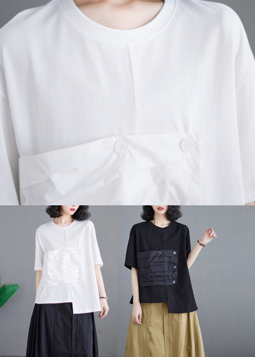 White O-neck Asymmetrical Cotton Top Short Sleeve