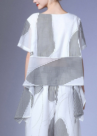 White O-neck Asymmetrical Silk T Shirt Summer