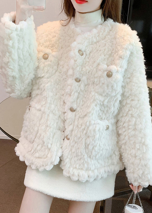 White O-neck Button Faux Fur Coats Fall