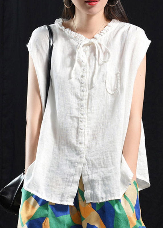 White O-neck Button Pockets Top Short Sleeve