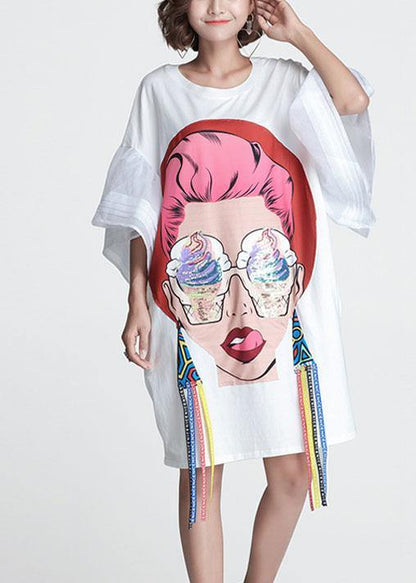 White O-neck Flare Sleeve Print Summer Vacation Dress