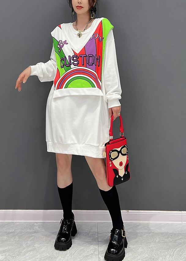 White O-neck Print Fake Two Pieces Cotton Mid Dresses Winter