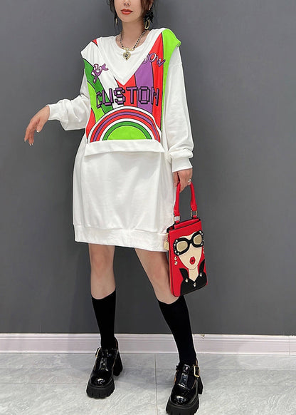 White O-neck Print Fake Two Pieces Cotton Mid Dresses Winter