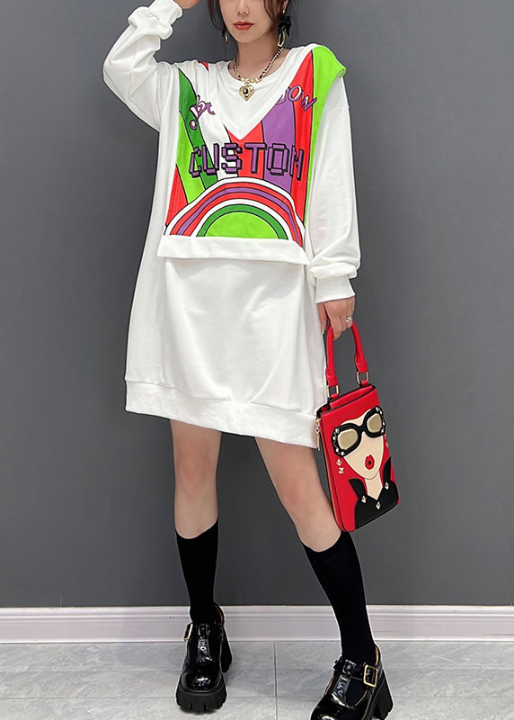 White O-neck Print Fake Two Pieces Cotton Mid Dresses Winter