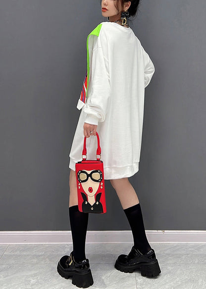 White O-neck Print Fake Two Pieces Cotton Mid Dresses Winter