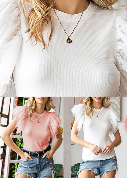 White O-neck Knit Top Flare Sleeve