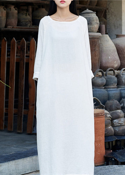 White O-neck Maxi Dresses Long Sleeve