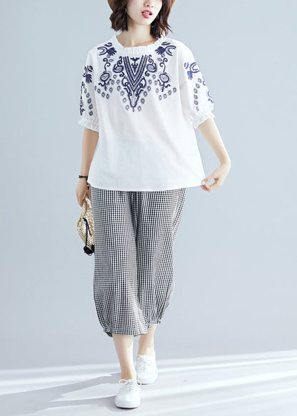 White O-neck Top and Crop Pants Two Pieces Set Summer
